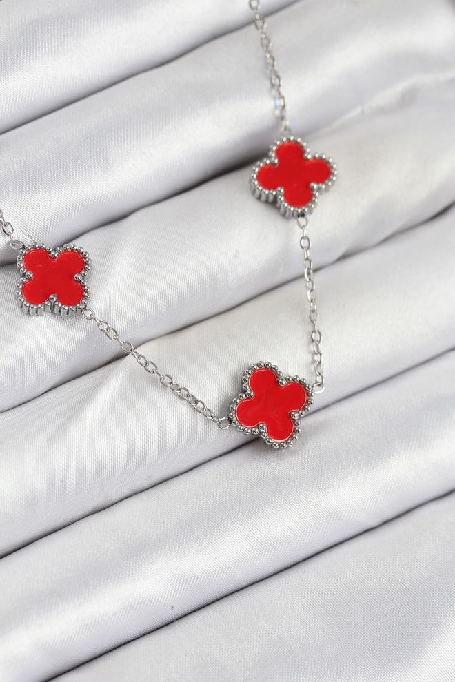 Ebijuteri 316l Steel Chain Silver Red Color Clover Women Necklace Wholesale Clothing 0