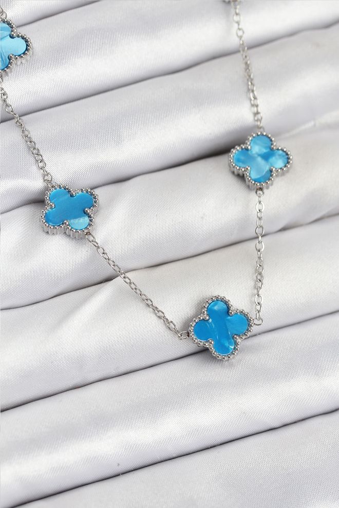 Ebijuteri 316l Steel Chain Silver Ice Blue Color Clover Women Necklace Wholesale Clothing 0