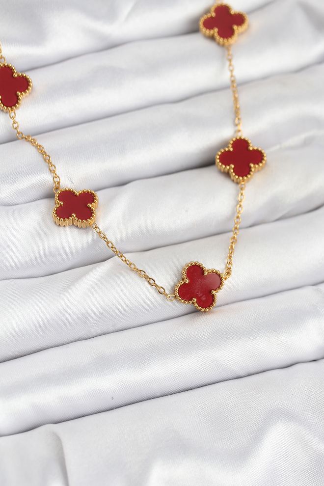Ebijuteri 316l Steel Gold Color Chain Burgundy Clover Women Necklace Wholesale Clothing 0