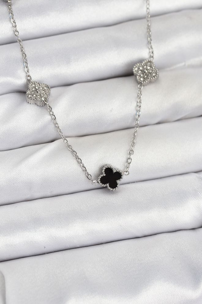 Ebijuteri 316l Steel Chain Silver Color Black And Zircon Stone Baby Boy Clover Women Necklace Wholesale Clothing 0