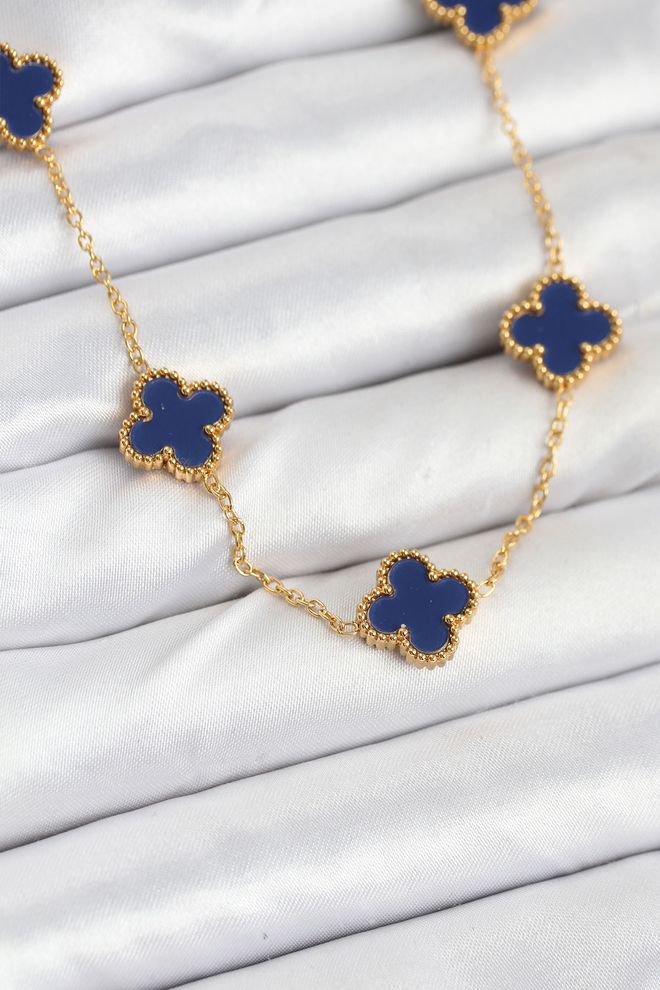Ebijuteri 316l Steel Chain Gold Color Navy Blue Clover Women Necklace Wholesale Clothing 0