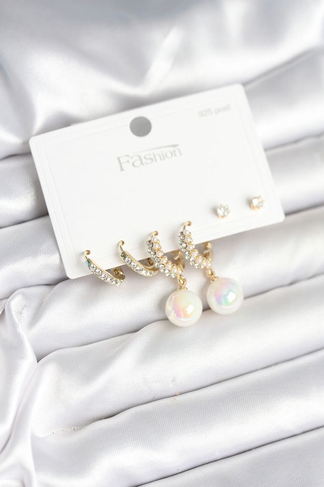 Ebijuteri Pirinç Gold Renk İncili 925 Ayar Gümüş Çivi Kadın Küpe Seti Toptan Giyim 0