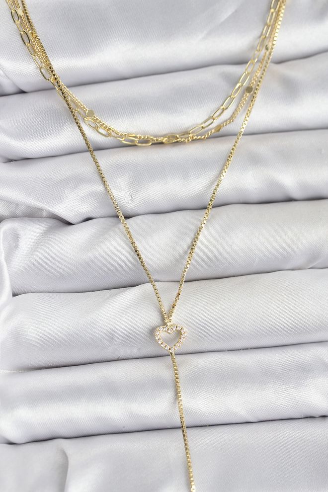 Ebijuteri Messing Goudkleurig Hart Gedetailleerde 3 delige Combinatie Y halsketting Voor Dames Groothandel Kleding 0