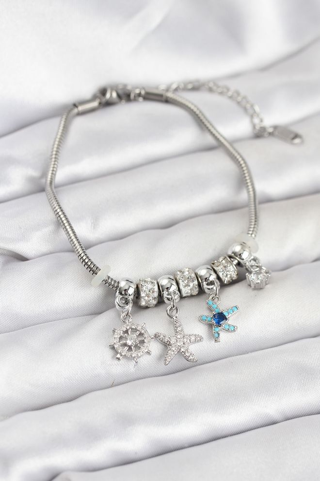 Ebijuteri Brass Silver Color Marine Theme Charm Women's Bracelet Wholesale Clothing 0