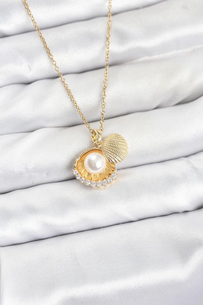 Ebijuteri Oceľová Retiazka 316l Zlatá Farba Perlová Morská Škrupina Model Zirkónového Kameňa Dámsky Náhrdelník Veľkoobchod s oblečením 0