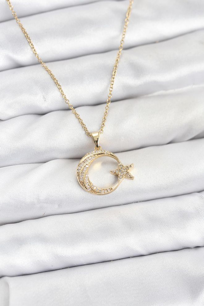 Ebijuteri سلسلة فولاذية 316l باللون الذهبي، موديل نجمة القمر، حجر الزركون، قلادة نسائية ملابس بالجملة 0