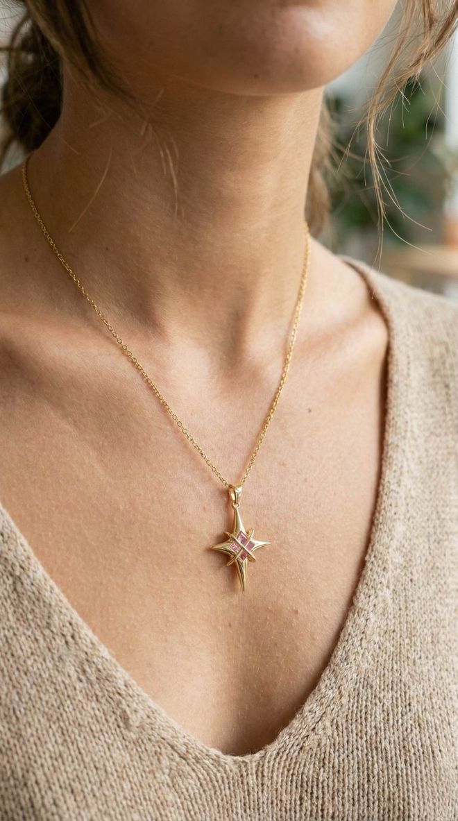 Ebijuteri Сталь 316l Золотой Цвет Циркон Камень Столб Звезда Модель Женское Ожерелье Оптовая продажа одежды 0