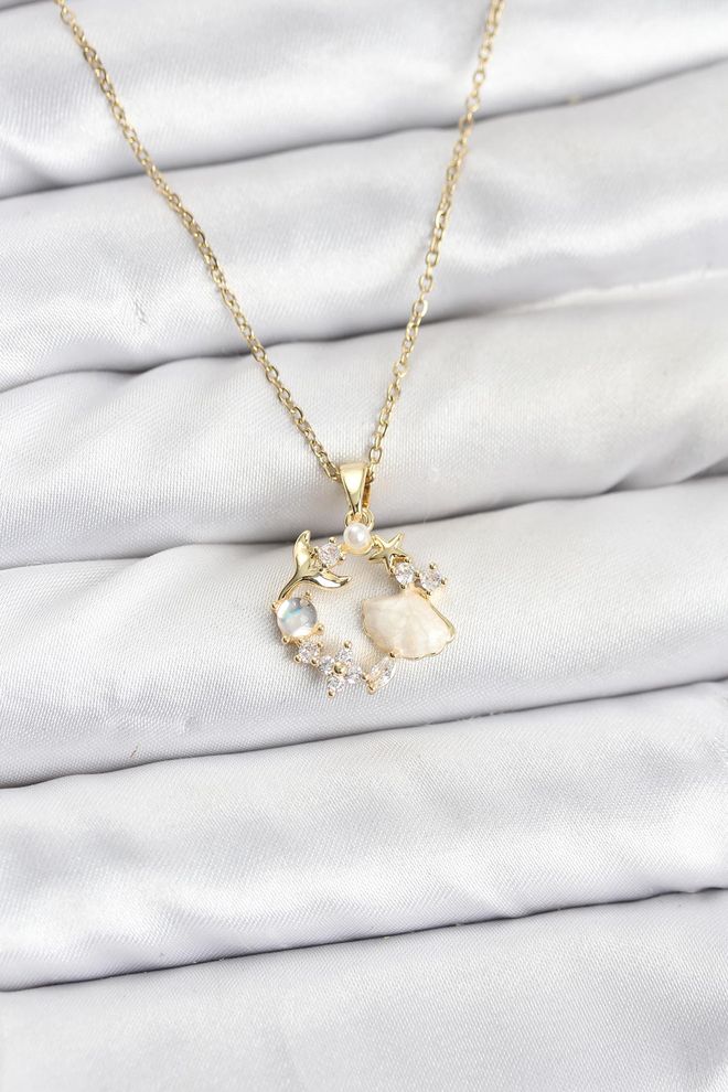 Ebijuteri 316l Stalen Ketting Goudkleurig Marien Thema model Zirkonsteen Damesketting Groothandel Kleding 0