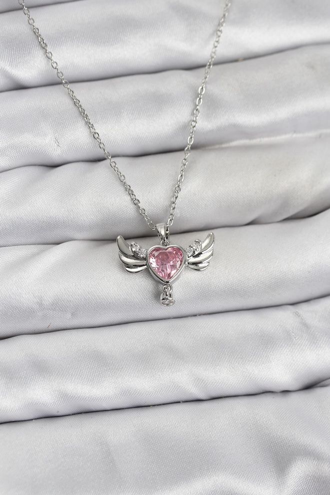 Ebijuteri Стальная Цепочка 316l Серебристого Цвета Модель Крылатого Сердца Цирконовый Камень Женское Ожерелье Оптовая продажа одежды 0