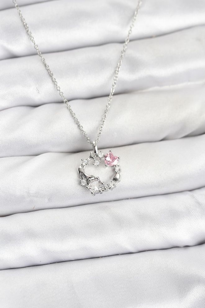 Ebijuteri 316l Stalen Ketting Zilverkleurige Roze Steen Gedetailleerde Kransmodel Damesketting Groothandel Kleding 0