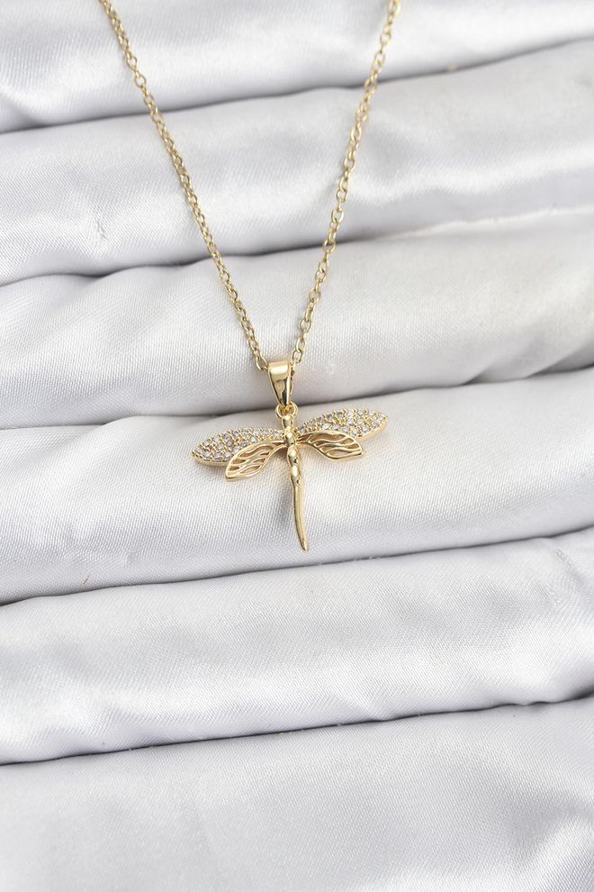 Ebijuteri Dámsky Náhrdelník Z Oceľovej Retiazky 316l Zlatej Farby Vážky Model Zirkónového Kameňa Veľkoobchod s oblečením 0