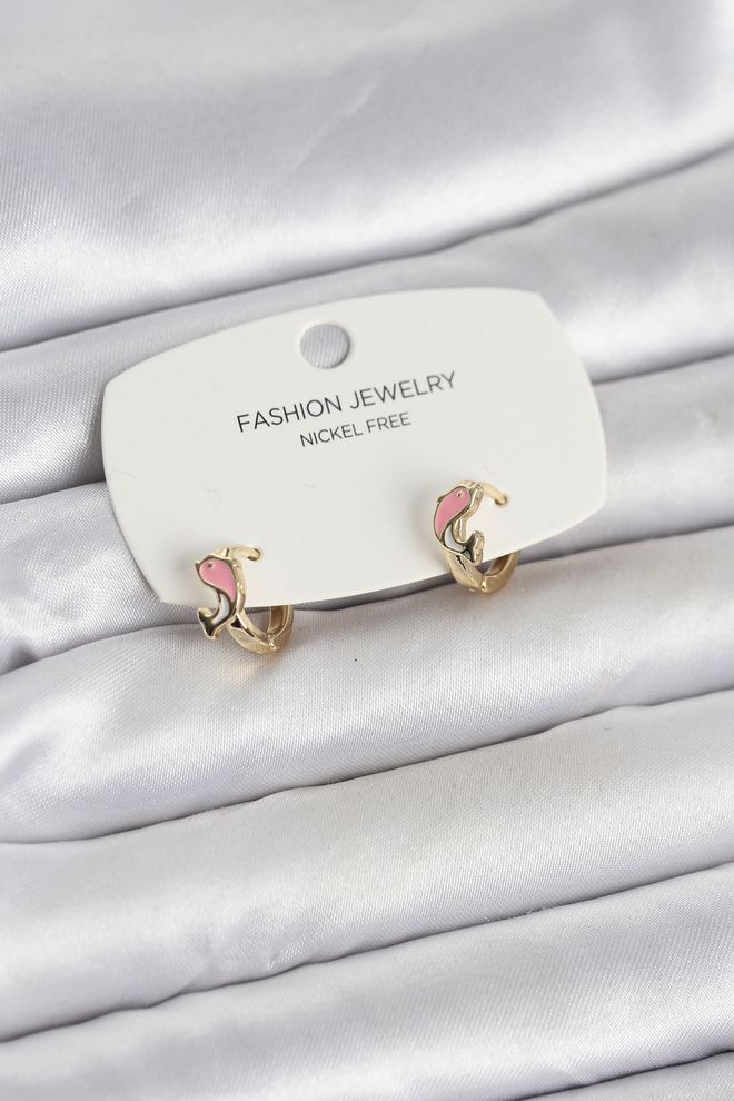 Ebijuteri Rožiniai Delfinų Rašto Aukso Spalvos Žalvariniai Vaikiški Auskarai Didmeninė prekyba drabužiais 0