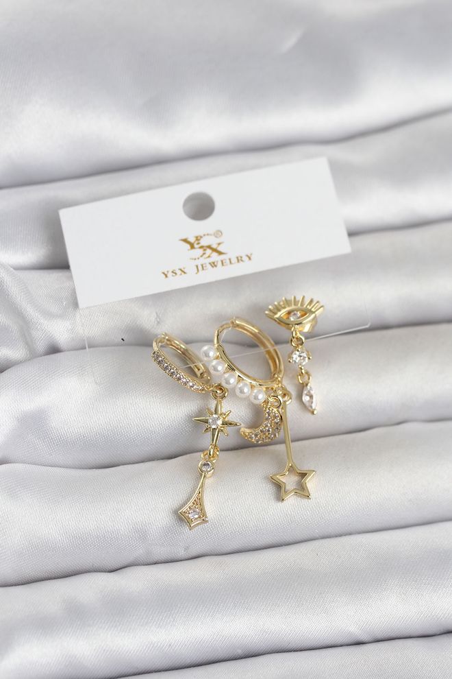 Ebijuteri Brass Gold Color Zircon Stone Night Themed 3 Piece Women's Earrings Wholesale Clothing 0