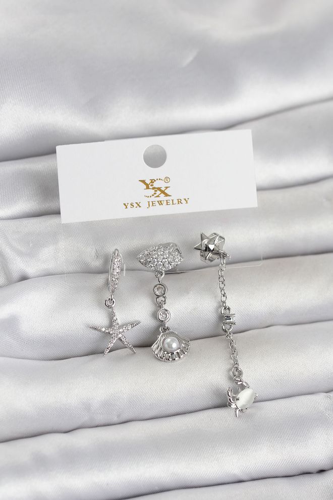 Ebijuteri Brass Silver Color Zircon Stone Marine Themed 3 Piece Women's Earrings Wholesale Clothing 0