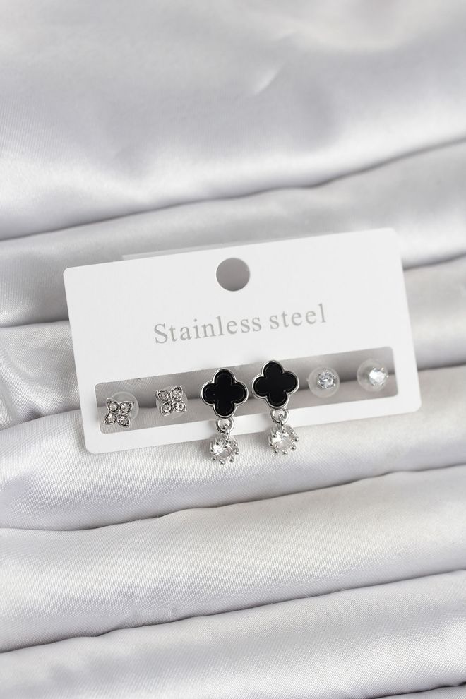 Ebijuteri 316l Steel Silver Color Clover Detailed Women's Earrings Set Wholesale Clothing 0