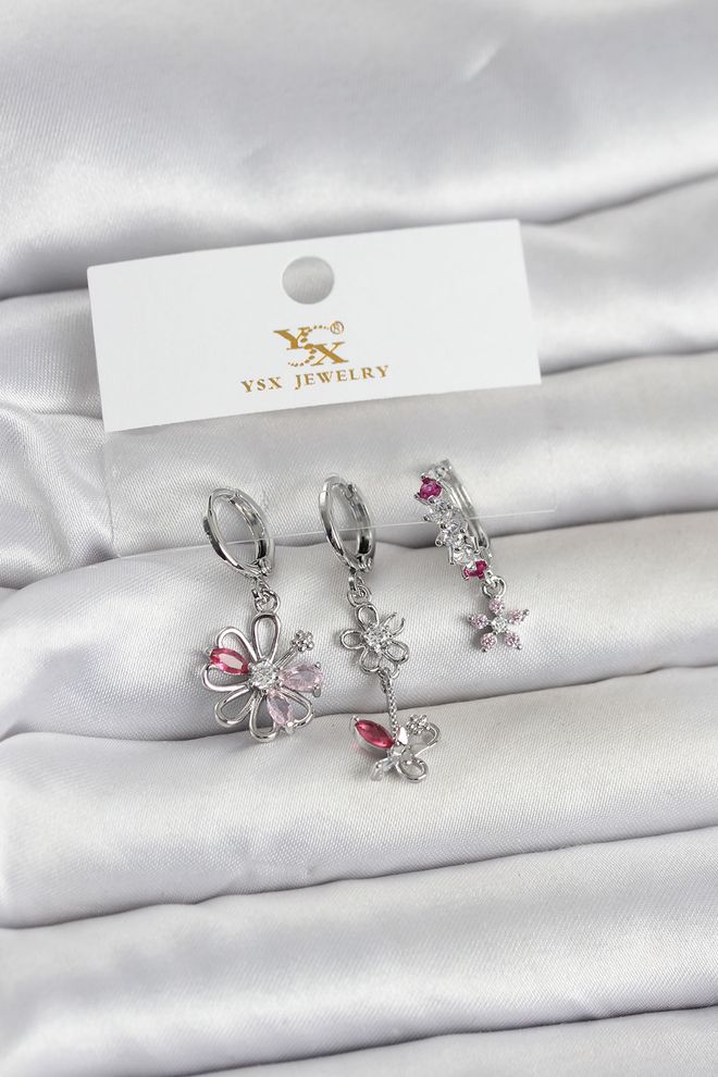 Ebijuteri Brass Silver Color Flower Model 3 Piece Women's Earrings Wholesale Clothing 0