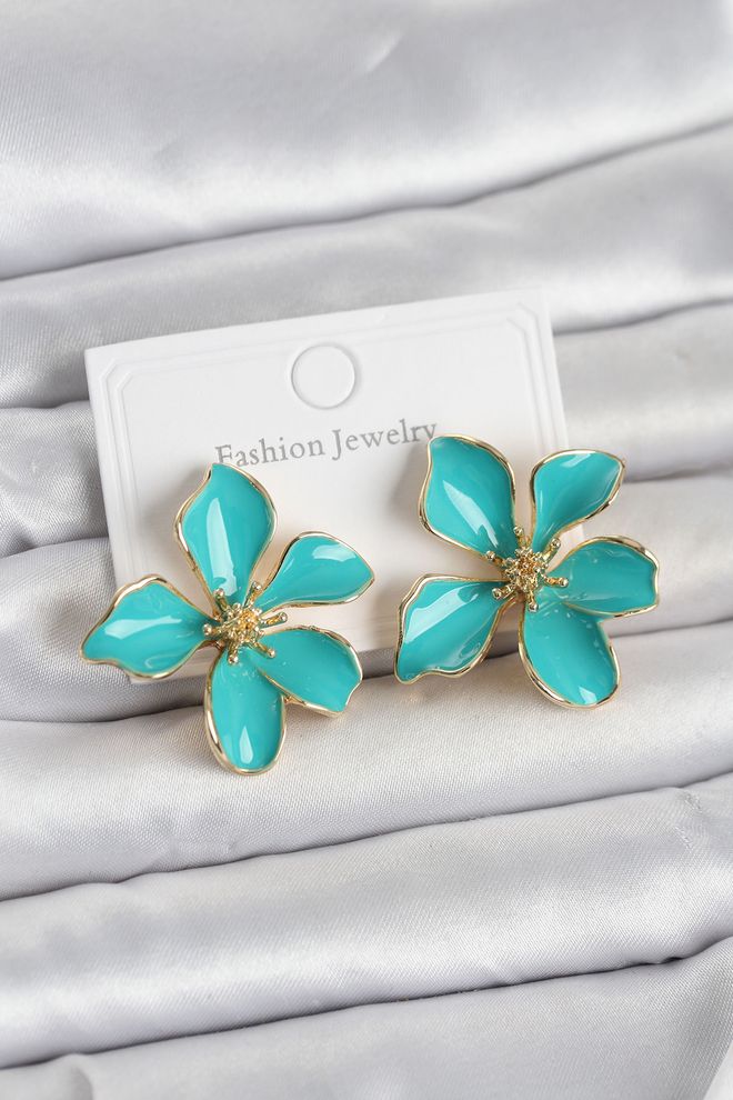 Ebijuteri Turquoise Enameled Flower Pattern Brass Women's Earrings Wholesale Clothing 0