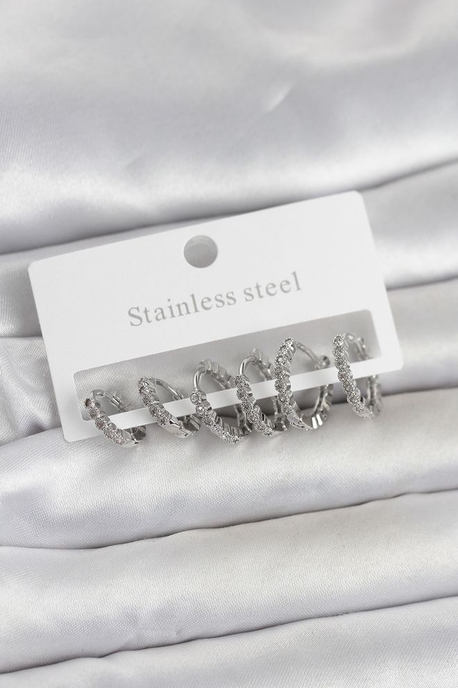 Ebijuteri 316l Steel Silver Color Zircon Stone Ring Model Women Earrings Set Wholesale Clothing 0