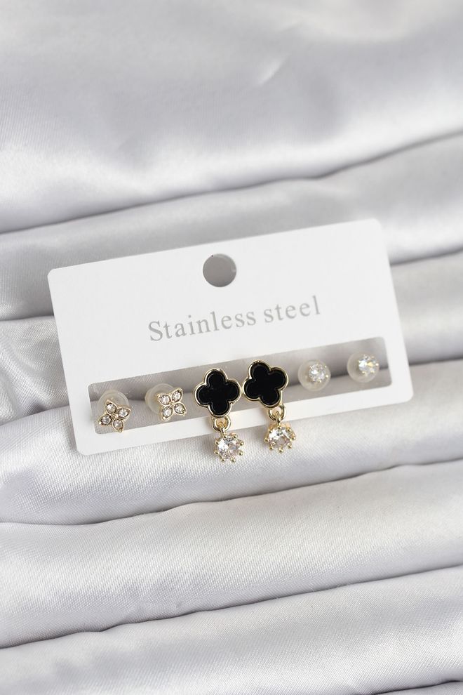 Ebijuteri 316l Steel Gold Color Clover Detailed Women's Earrings Set Wholesale Clothing 0