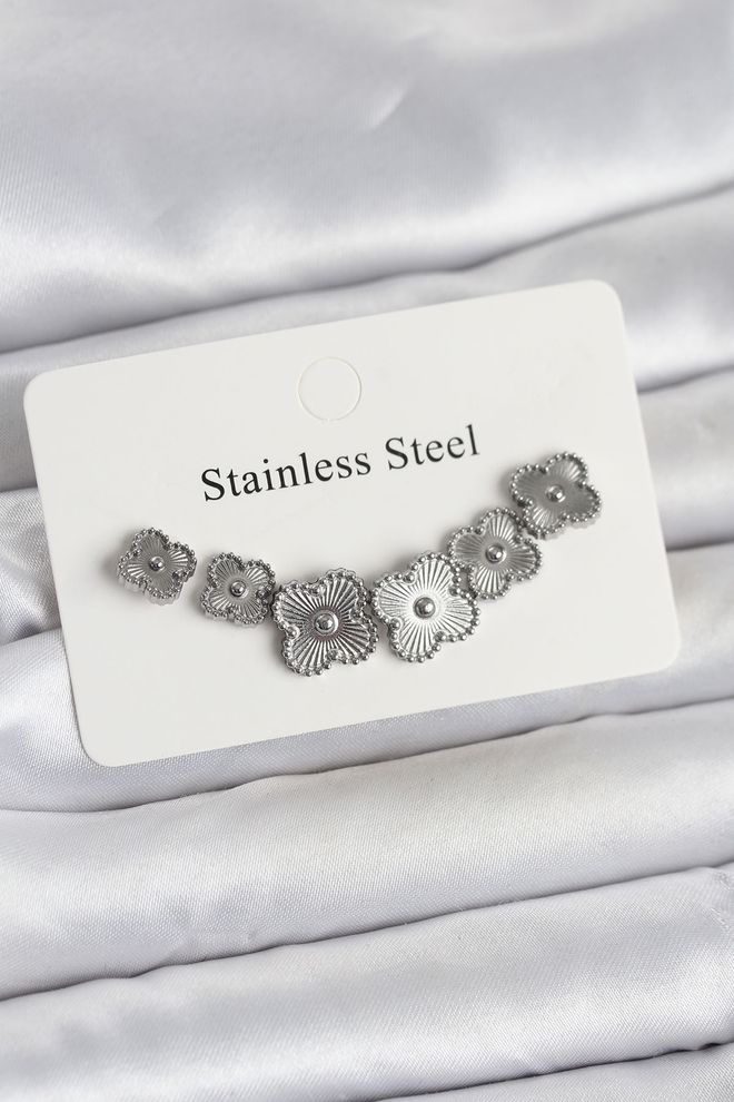 Ebijuteri 316l Steel Silver Color Clover Earrings Set Wholesale Clothing 0