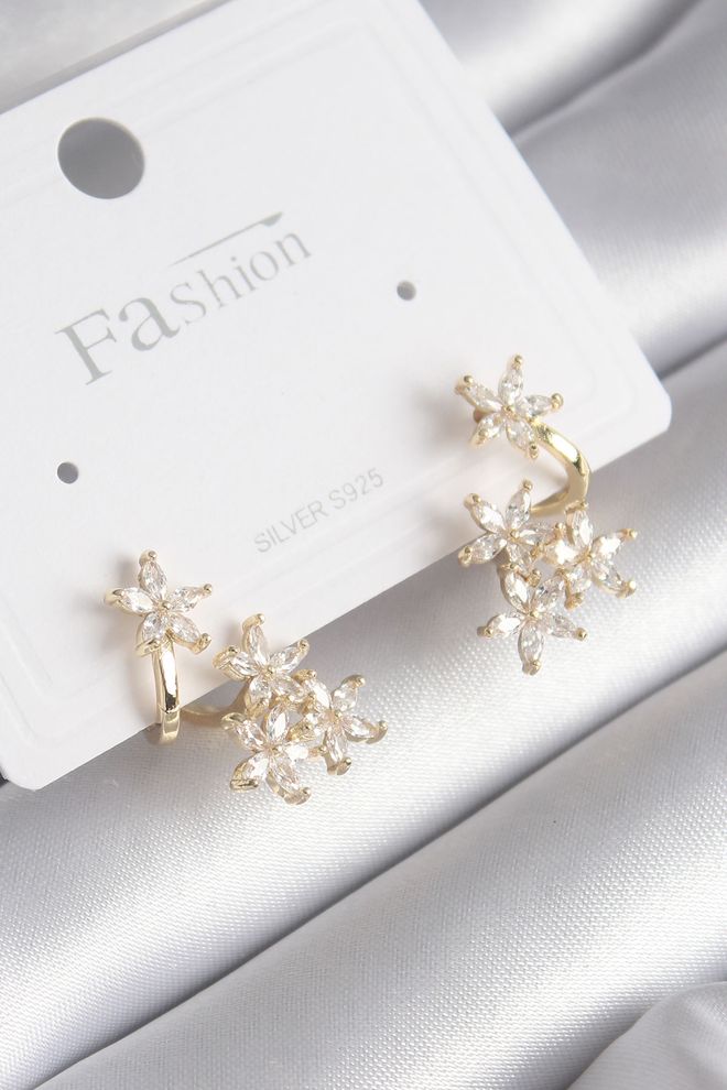 Ebijuteri Pirinç Gold Renk Zirkon Taşlı Çiçek Tasarım Kadın Küpe Toptan Giyim 0