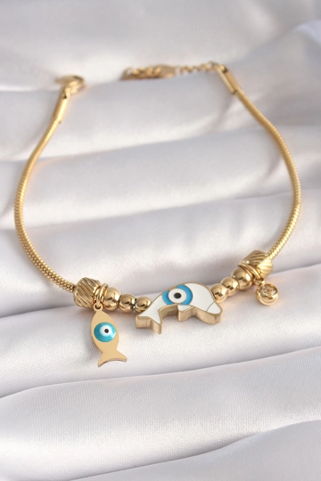 A wholesale clothing model wears  316L Steel Gold Color Fish Figure Evil Eye Bead Embroidered Women's Bracelet
, Turkish wholesale Bracelet of Ebijuteri