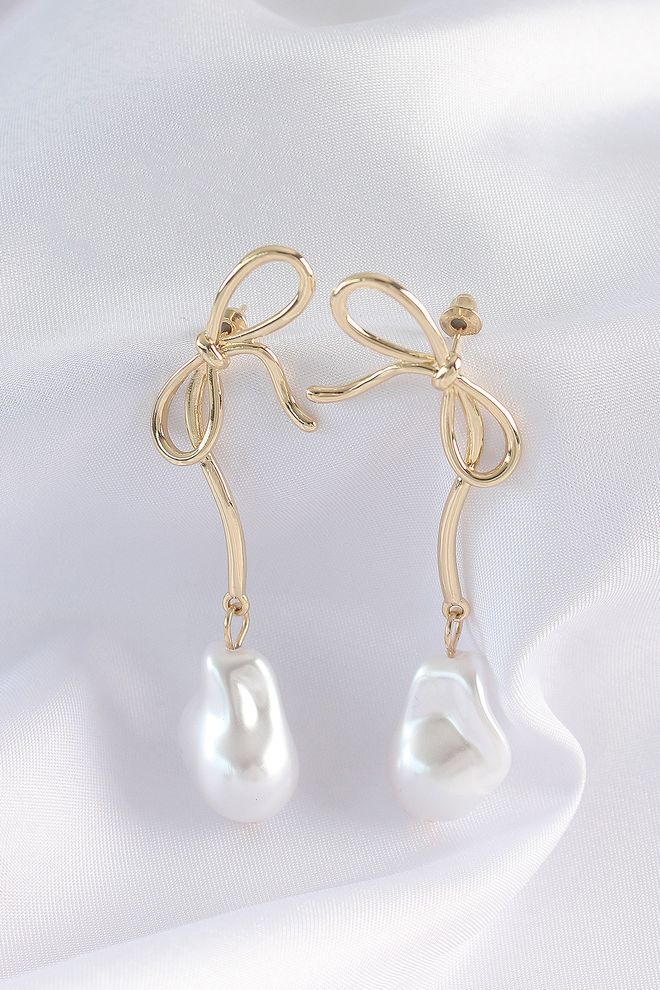 Ebijuteri Ορειχάλκινο Χρυσό Φιόγκο Μοντέλο Pearl Stone Μακριά Σκουλαρίκια Χονδρικό εμπόριο ενδυμάτων 0