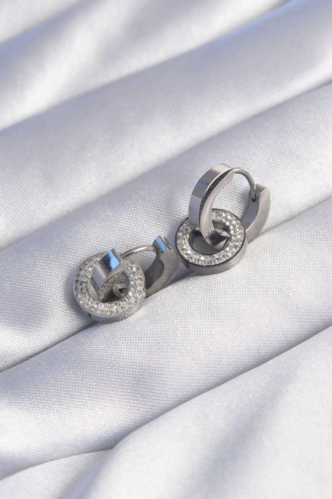 Ebijuteri 316L Çelik Gümüş Renk Zirkon Taşlı İç İçe Geçmeli Oval Küpe Toptan Giyim 0