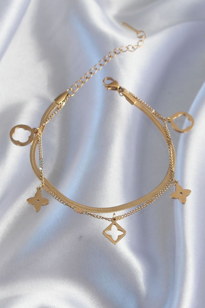 Ebijuteri 316L Steel Gold Color Double Chain Clover Design Bracelet Wholesale Clothing 0