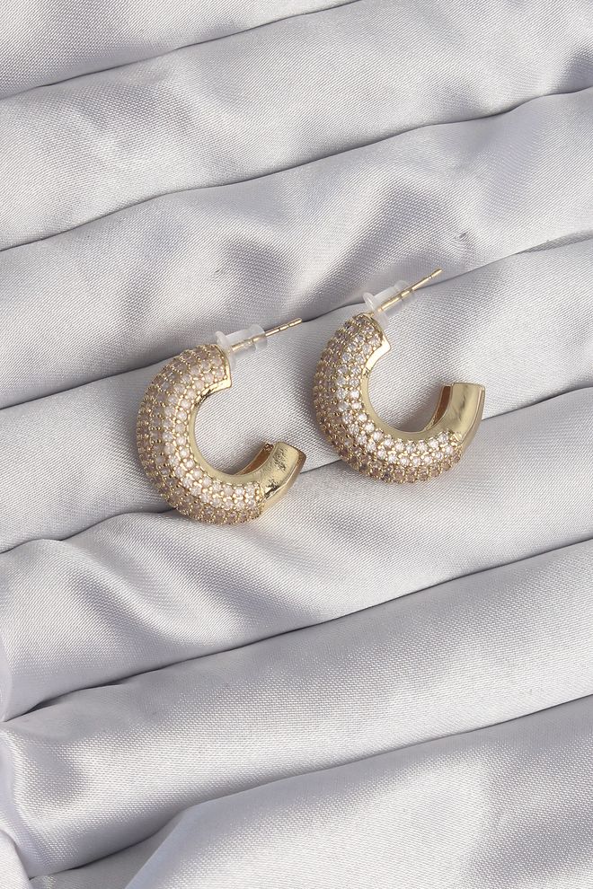 Ebijuteri Messing Gouden Kleur Zirkoon Steen Halve Hoepel Oorbellen Groothandel Kleding 0