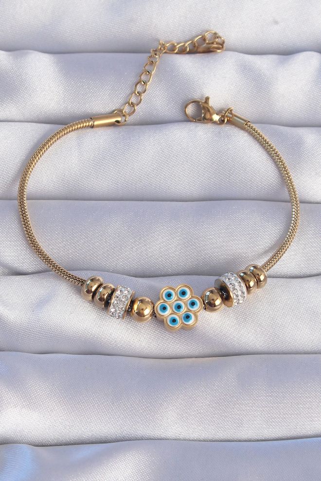 Ebijuteri Zapestnica S Cvetličnim Dizajnom Iz Jekla 316L Zlate Barve Iz Cirkonskega Kamna Evil Eye Oblačila na debelo 0