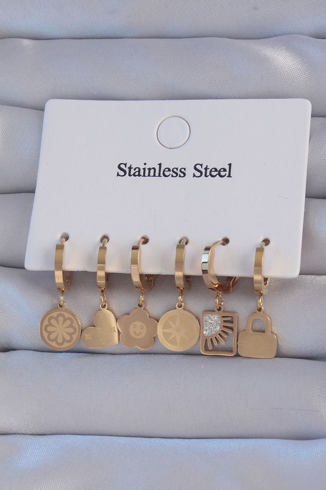 Ebijuteri 316L Çelik Gold Renk Zirkon Taşlı Çiçek Figürlü Kalp Model Halka Küpe Seti Toptan Giyim 0