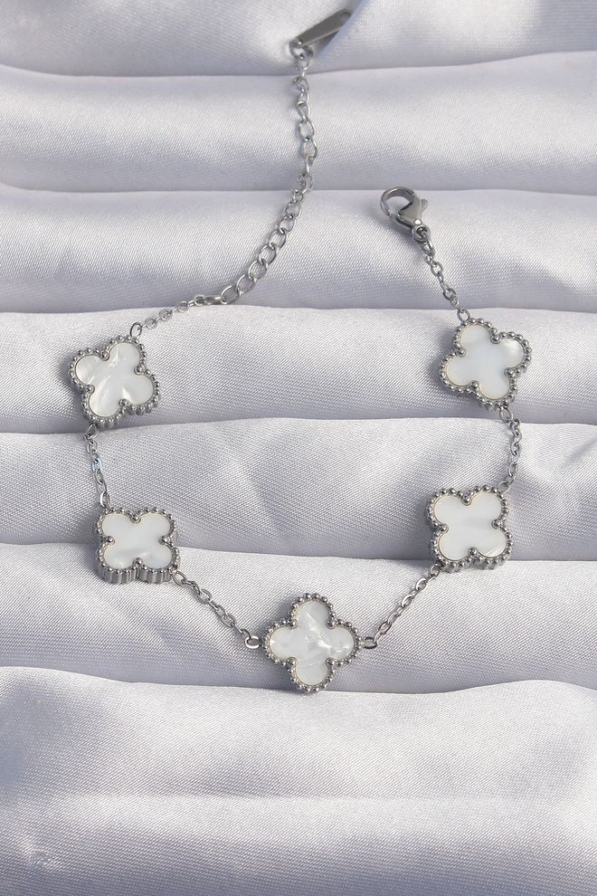 Ebijuteri Pulseira Trevo Perolado Branco Cor Prata Aço 316L Roupas por atacado 0