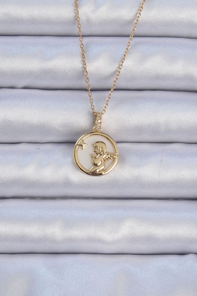 Ebijuteri 316L Steel Chain Gold Color Zircon Stone Enamel Angel Necklace Wholesale Clothing 0