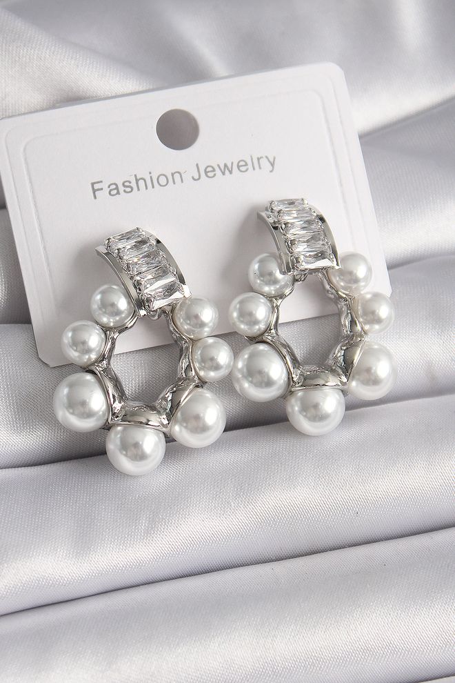 Ebijuteri Mosadz Silver Color Waterway Zirkón Stone Pearl Ring Model Dámske Náušnice Veľkoobchod s oblečením 0