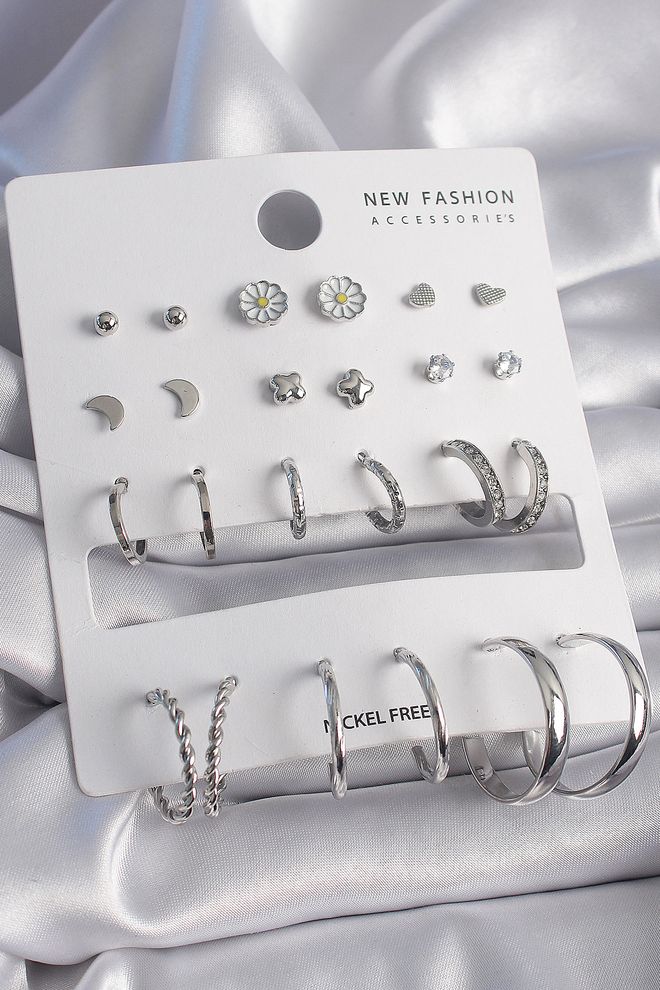 Ebijuteri طقم أقراط نحاسي فضي اللون ديزي مفصل مكون من 12 زوجًا ملابس بالجملة 0