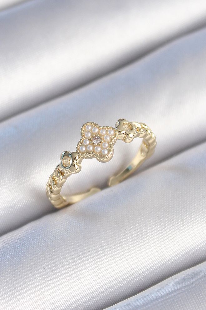 Ebijuteri Женское Кольцо Из Латуни Золотого Цвета С Жемчугом И Клевером С Цирконом И Камнем Оптовая продажа одежды 0