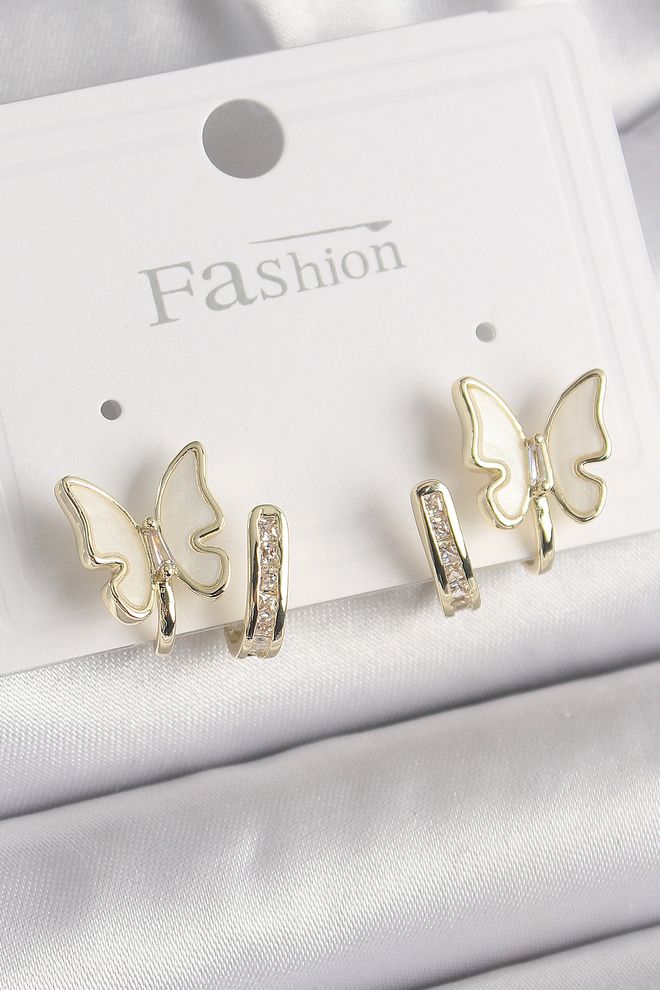 Ebijuteri Model Ženskih Uhanov Iz Medeninaste Srebrne Barve Iz Cirkonskega Kamna Z Belimi Biseri In Metulji Oblačila na debelo 0