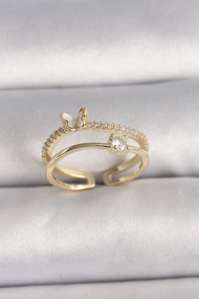 Ebijuteri Pirinç Gold Renk Zirkon Taş Detaylı Kelebek Figür Ayarlanabilir Yüzük Toptan Giyim 0