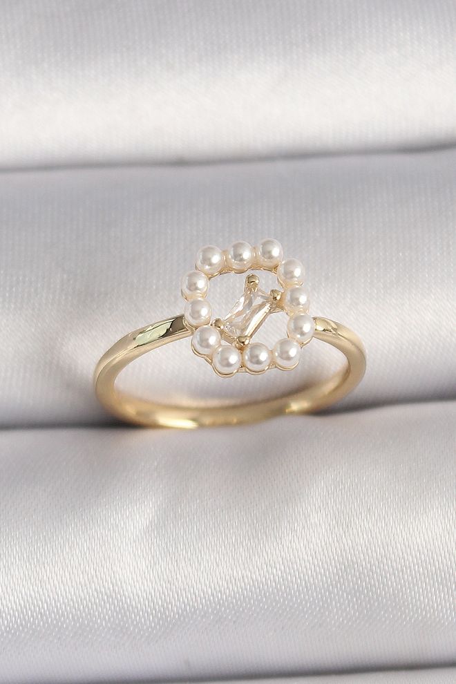 Ebijuteri خاتم نحاسي ذهبي اللون مرصع بحجر الزركون قابل للتعديل مع اللؤلؤ ملابس بالجملة 0