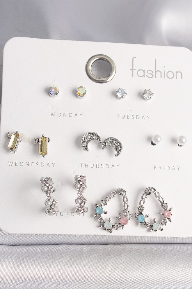 Ebijuteri خاتم نسائي مزين بحجر الزركون الملون باللون الفضي النحاسي مزين بتفاصيل هلالية، طقم 7 أزواج من الأقراط النسائية ملابس بالجملة 0