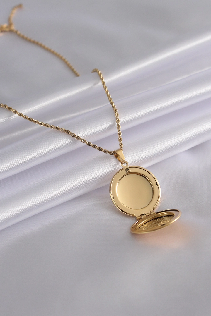 Bir model, Ebijuteri toptan giyim markasının 46938 - Steel Necklace - Gold toptan Kolye ürününü sergiliyor.