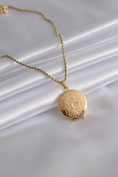 Bir model, Ebijuteri toptan giyim markasının 46938 - Steel Necklace - Gold toptan Kolye ürününü sergiliyor.