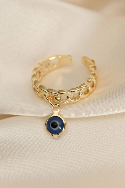 A model wears 20687 - Adjustable Ring With Blue Eye - Gold, wholesale Ring of Ebijuteri to display at Lonca