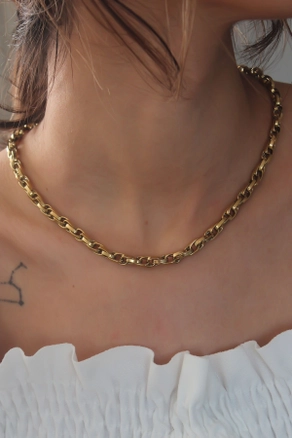 A model wears 39506 - Steel Necklace - Gold, wholesale Necklace of Ebijuteri to display at Lonca