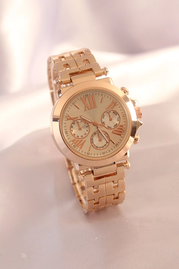A wholesale clothing model wears  Rose Color Metal Band Roman Numeral Women's Watch
, Turkish wholesale Watch of Ebijuteri