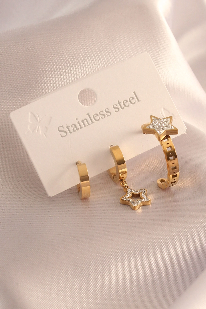 Ein Bekleidungsmodell aus dem Großhandel trägt EBJ10207 - 316L Steel Gold Color Star Model Zircon Stone Women's Earrings, türkischer Großhandel Ohrring von Ebijuteri
