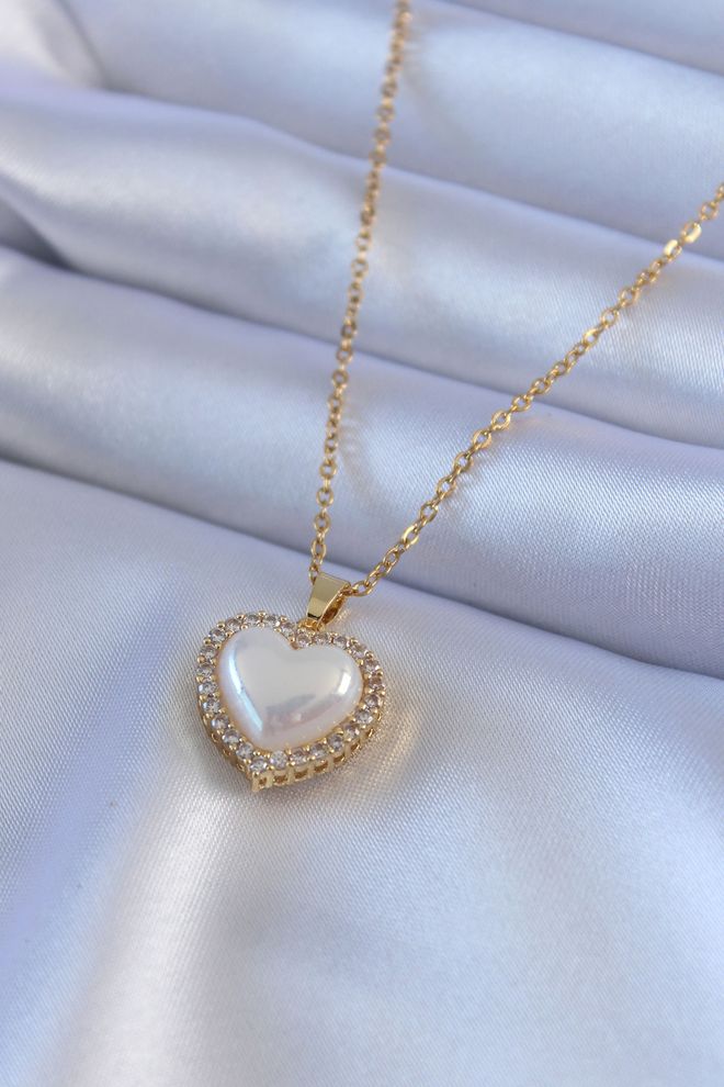 Ebijuteri Collana da donna in acciaio 316L color oro perla modello cuore con pietra zircone Abbigliamento all'ingrosso 0