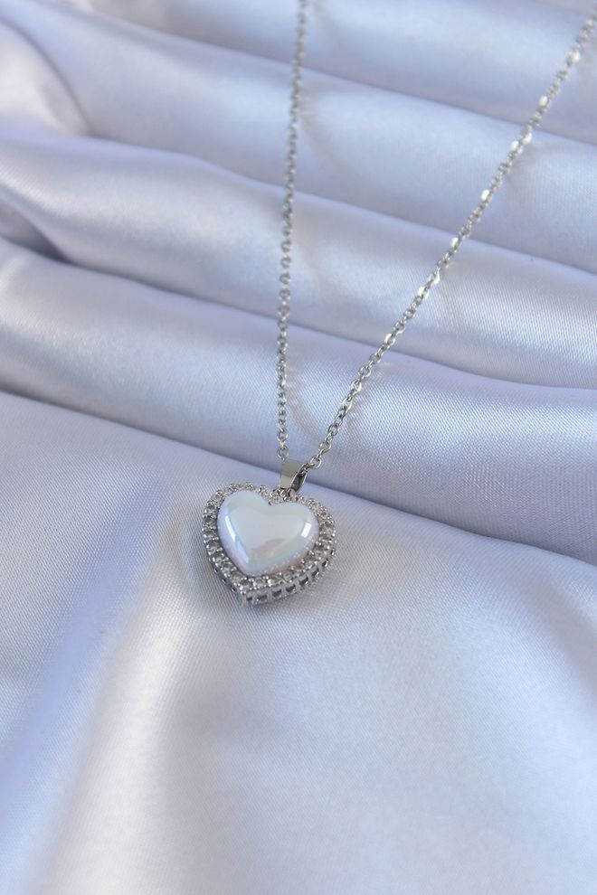 Ebijuteri 316L Steel Silver Color Pearl Heart Model Zircon Stone Women's Necklace Wholesale Clothing 0