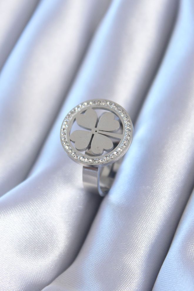Ebijuteri Anel feminino modelo trevo de pedra de zircão cor prata aço 316L Roupas por atacado 0